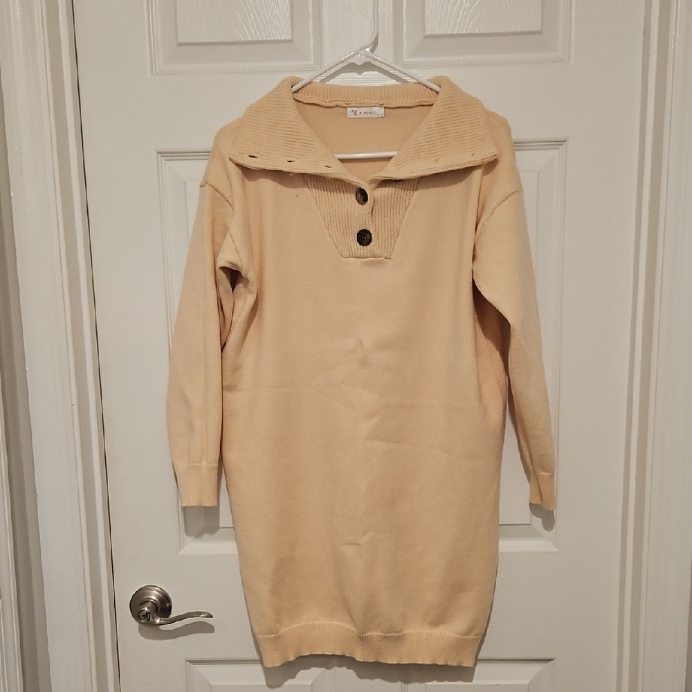 Cream Long Sleeve Buttoned Sweater Dress